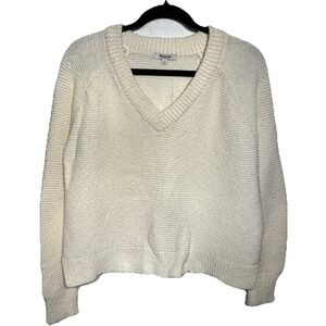 Madewell Arden V-Neck Crop Pullover Sweater Loose Knit‎ Cotton Ivory Sz Small